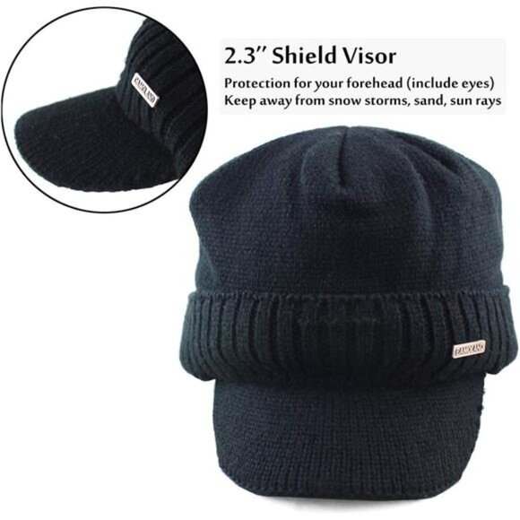Winter Beanie w/Visor & Earflaps for Men Outdoor Fleece Hat Scarf Set - Picture 5 of 7